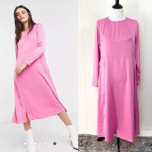 Y.A.S Satin Long Sleeve Midi Dress with Adjustable Hidden Zips in Pink Size M